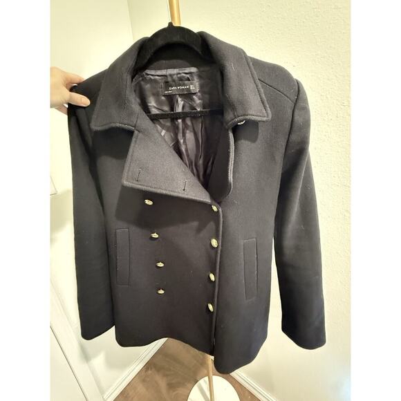 Zara Women's Black Wool Pea Coat w/Gold Buttons Mid Length Size Large - Picture 4 of 8